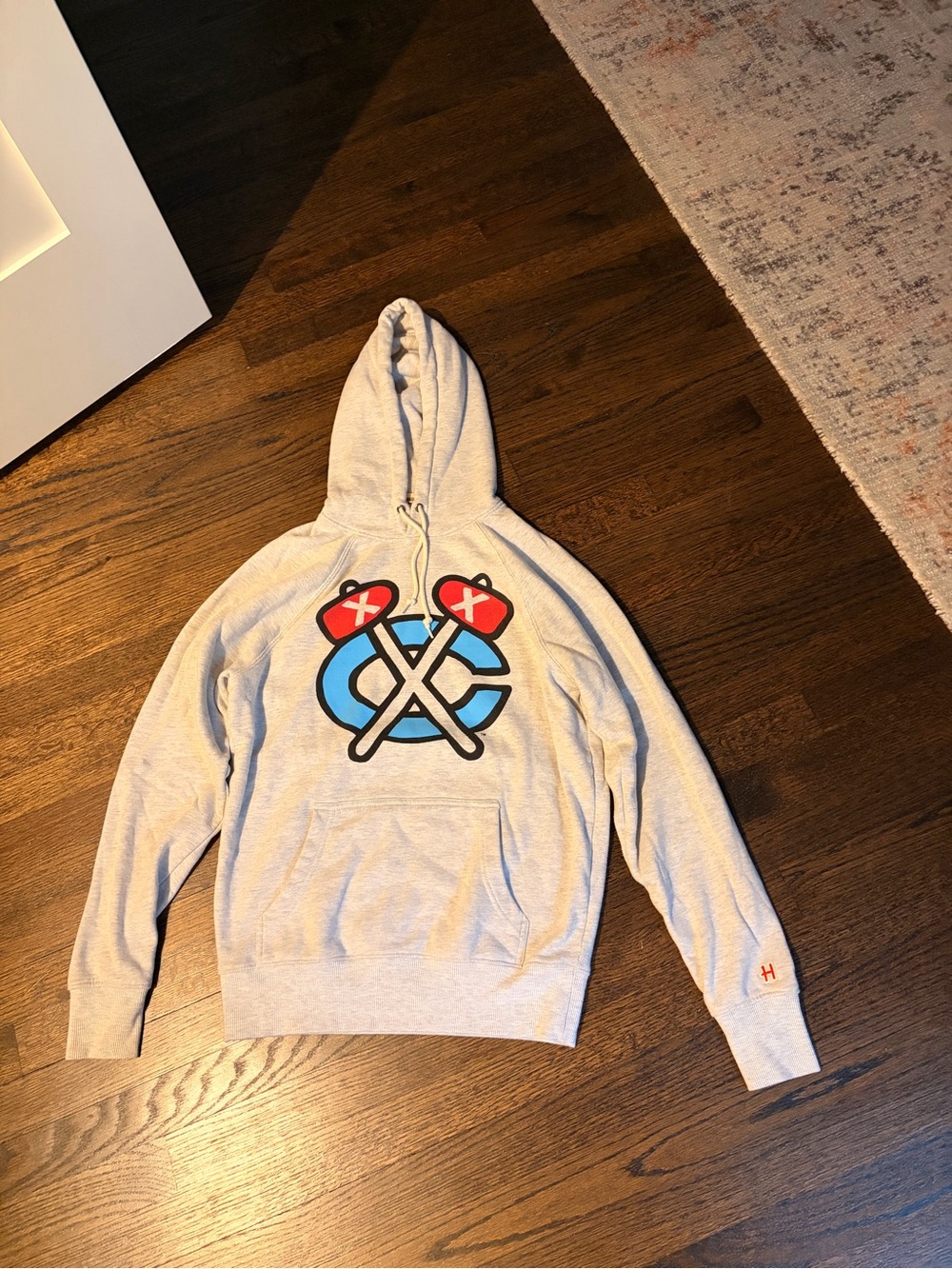 Light Gray Blackhawk’s Graphic Hoodie Sweatshirt with Blue & Red Accent